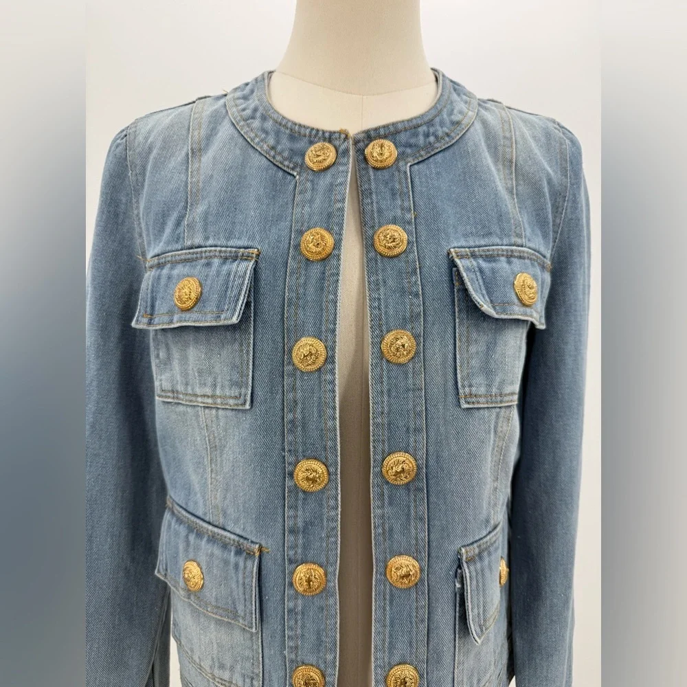 Ma Cherie Light Wash Denim Jacket with Gold Crest Buttons Chic Military Style - Picture 12 of 15